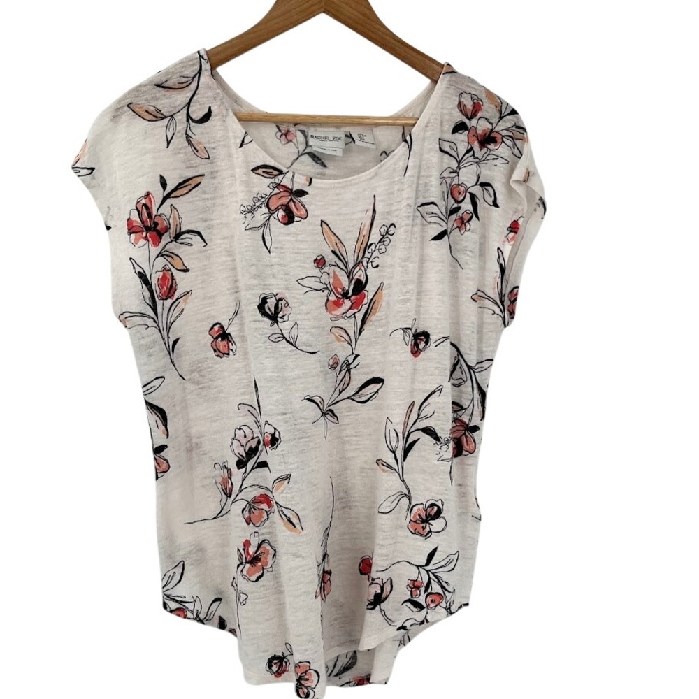 Rachel Zoe Womens Floral 100% Linen‎ Scoop Neck Cap Sleeve Top White Coral Large